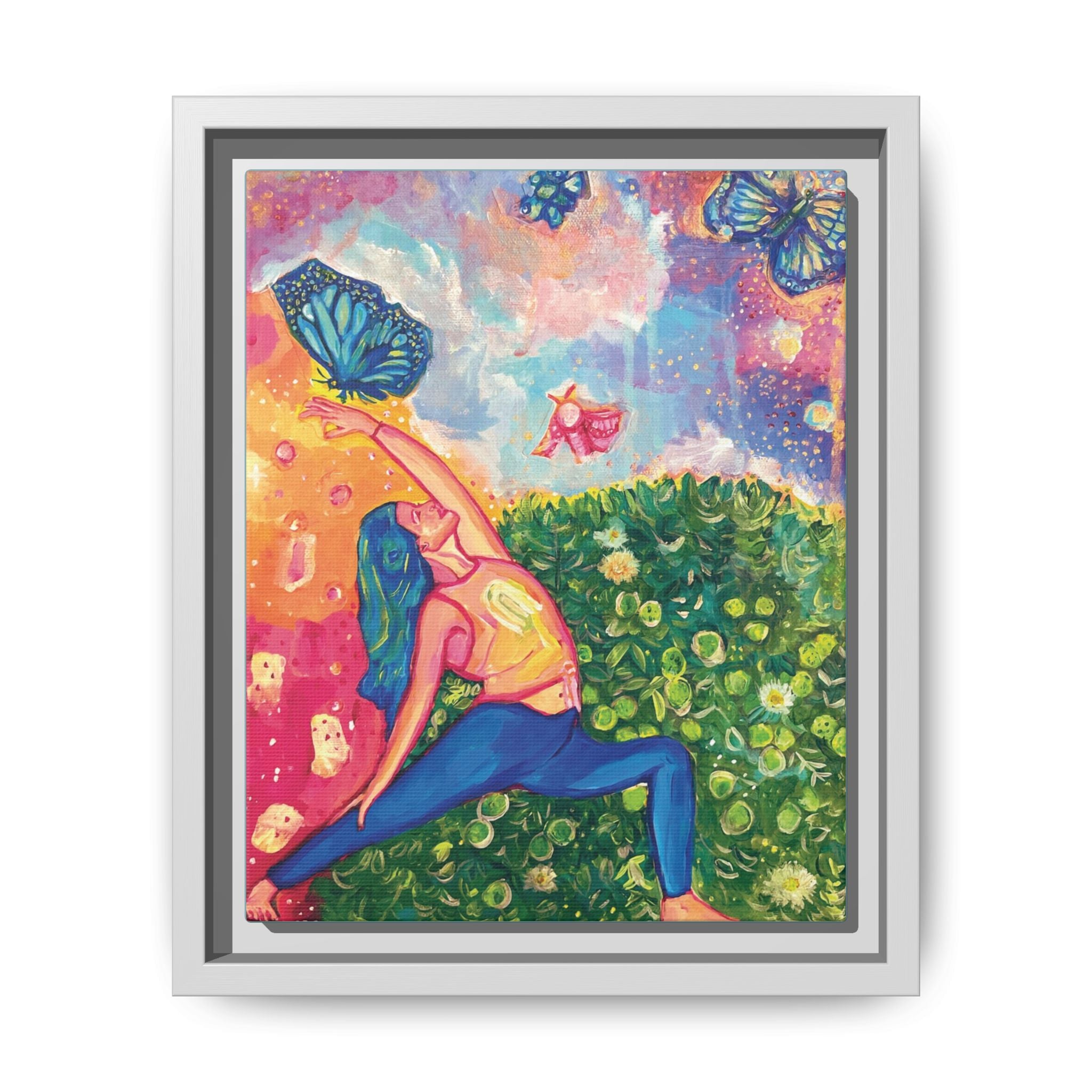 Yoga Butterfly Matte Canvas Framed Art — Colorful Warrior Pose Wall Decor