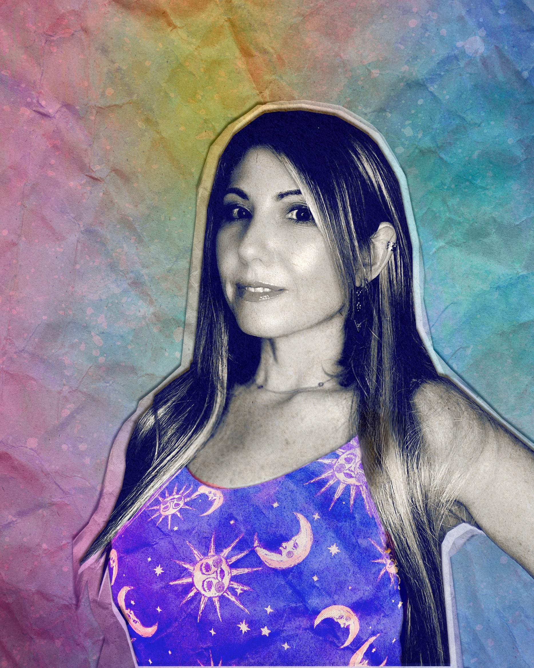 Woman wearing a tank top with celestial designs against a colorful, abstract background